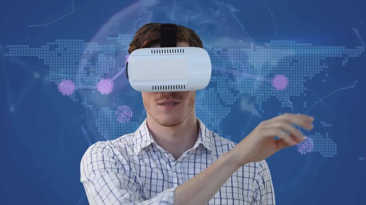 Animation af forbindelsesnetværk over forretningsmand iført VR-headset