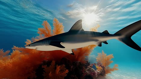 shark swimming among vibrant coral reef. a sleek shark glides gracefully through clear blue waters, surrounded by colorful coral and illuminated by sunlight.
