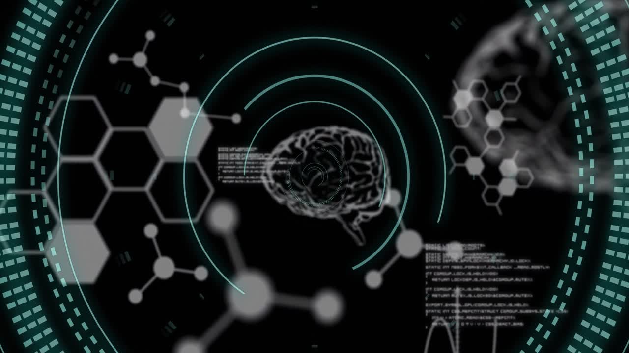 Animation of data processing and brains over black background