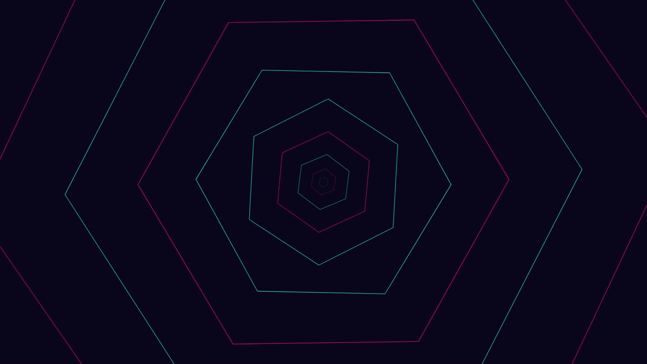 Abstract Animation of Pulsing Neon Hexagons on Dark Background