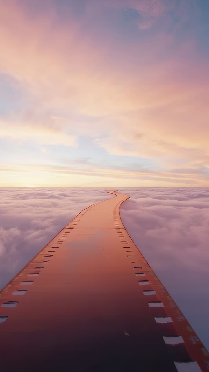 Vertical video: Starting camera approaching pastel horizon along filmstrip wing over cloud deck