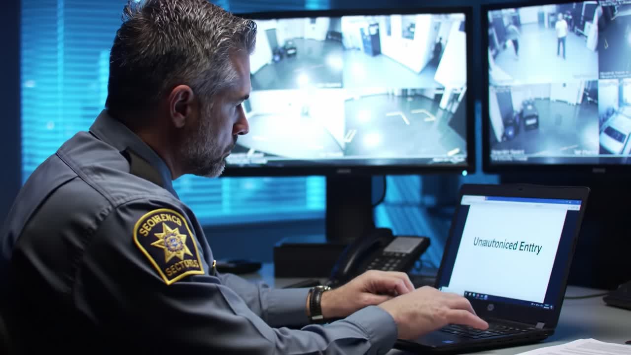 Security Guard Monitoring Surveillance Footage