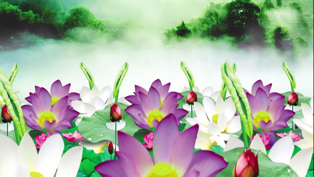 fantasía ambiente brillante paisaje de hermoso cielo matinal, sol, estanque de loto, montañas, flores, lago, casa antigua con animación simple en estilo acuarela de anime chino japonés