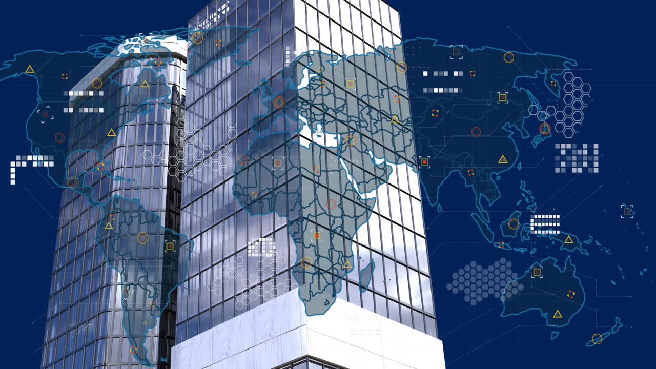 데이터 프로세싱의 애니메이션과 오피스 빌딩 위의 세계 지도
