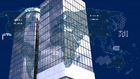 animación del procesamiento de datos y mapa del mundo sobre edificios de oficinas