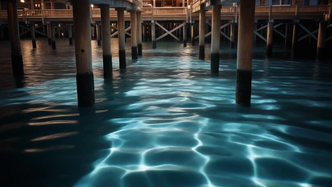 Reflecties op Water Onder een Houten Pier 's Nachts
