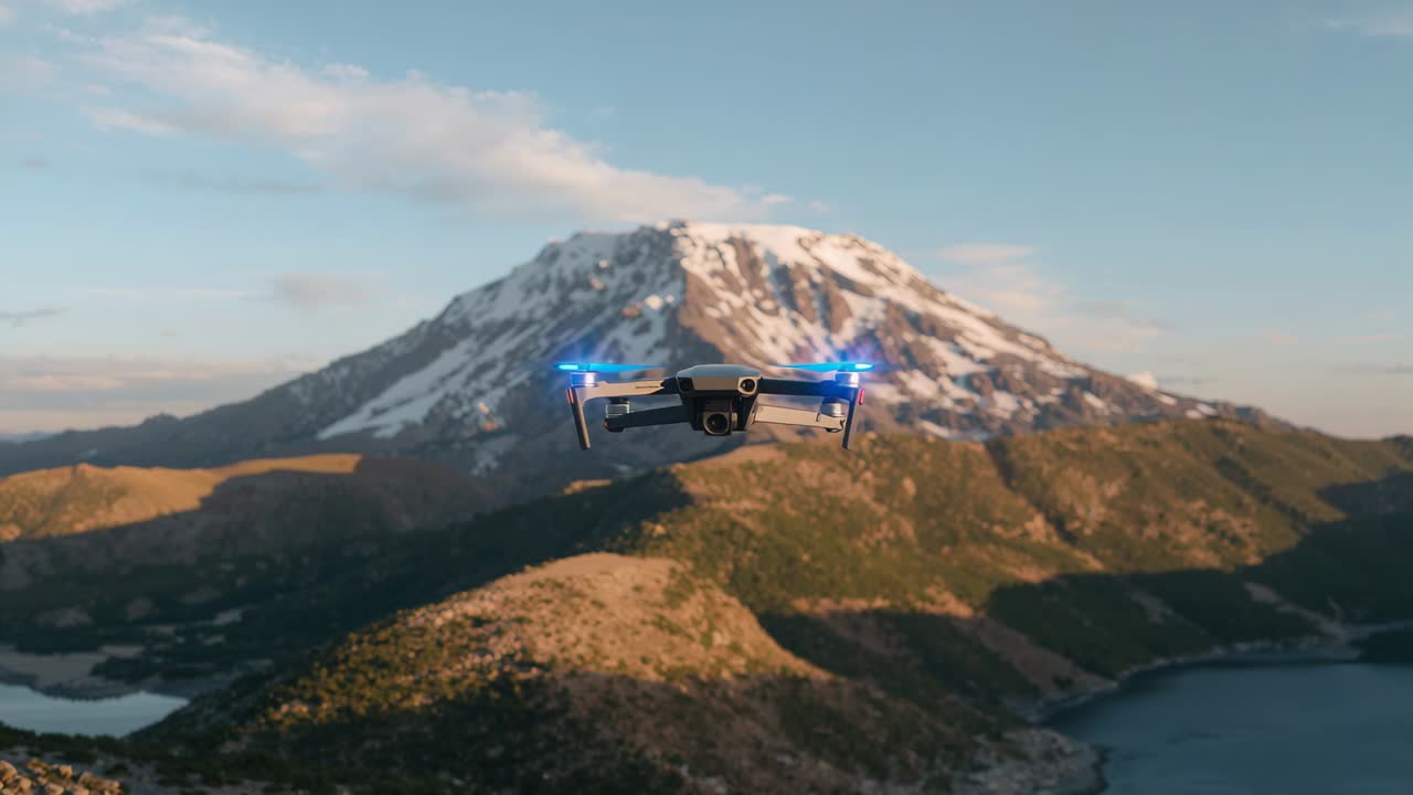 Modtager startkommando, dronen drejer rotorerne og stiger op mod linsegimbal og blå LED'er over bugten