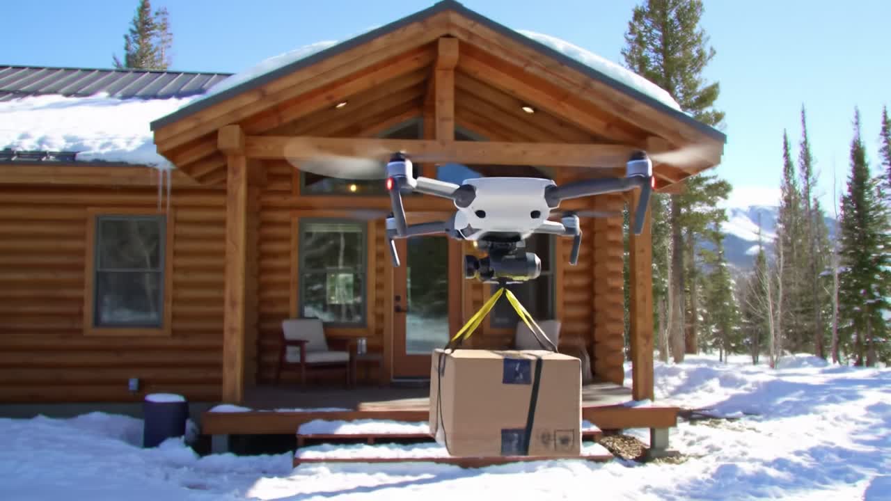 In a winter landscape, a drone hovers in front of a log cabin, lowering a package to the snowy ground. The surrounding trees are dusted with snow, creating a serene atmosphere.