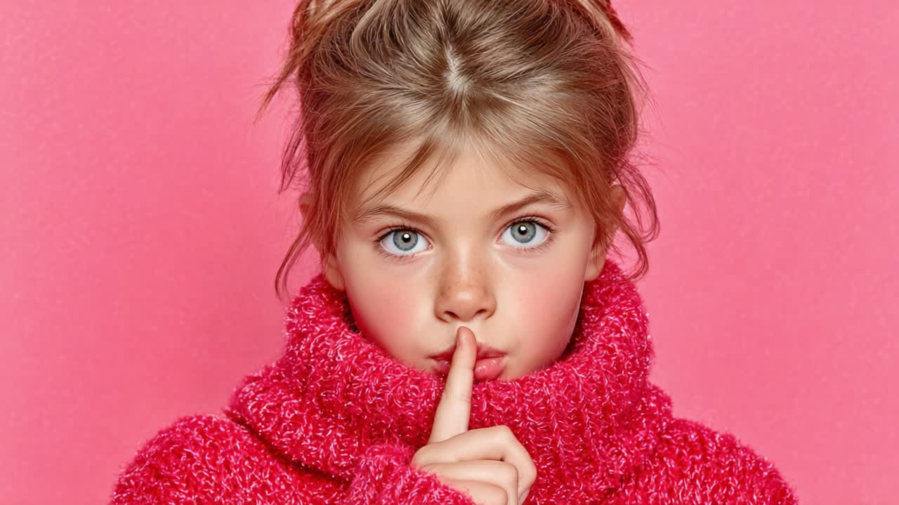 A Young Girl in a Cozy Pink Sweater Poses Playfully Against a Bright Pink Background, Demonstrating a 'Shush' Gesture with Her Finger on Her Lips, Inviting Curiosity and Imagination