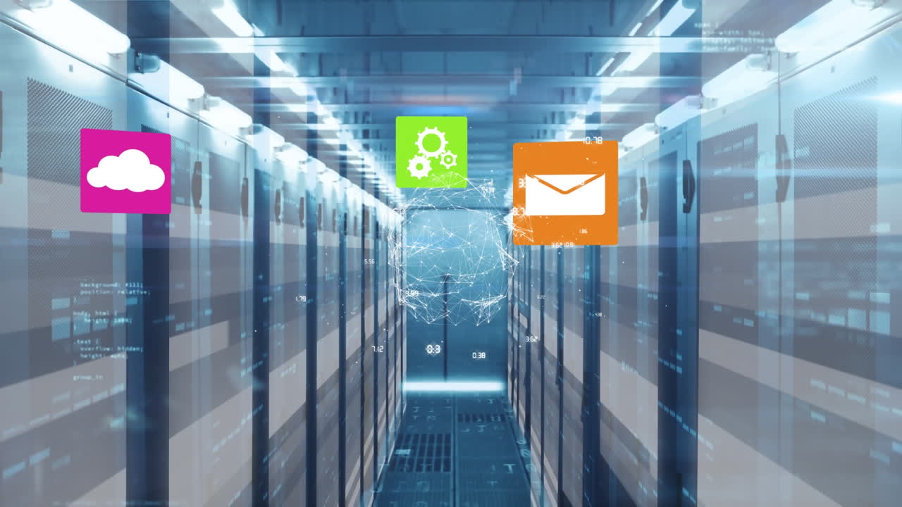 animación del procesamiento de datos e iconos sobre la sala del servidor