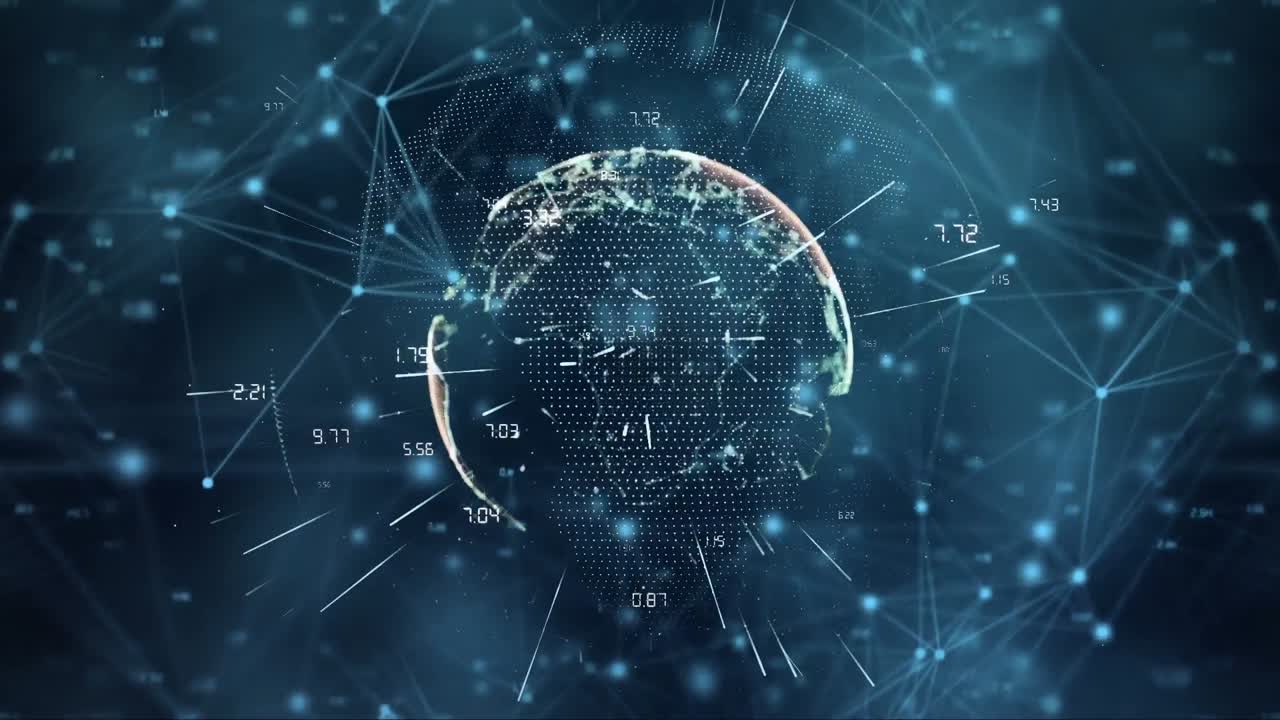 Animation of globe over network of connections and data processing