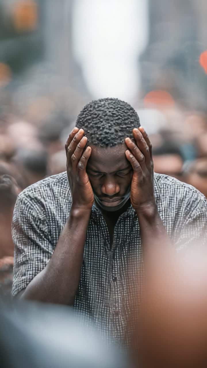A pensive individual stands amidst a bustling crowd, conveying deep emotions of reflection and concern, illustrating a poignant moment in a busy urban environment
