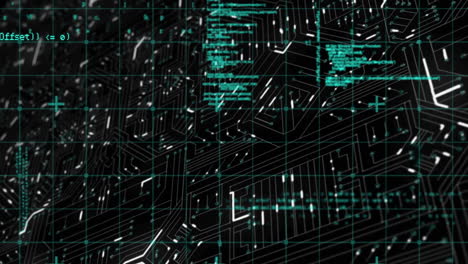 Animation of computer circuit board over data processing on black background