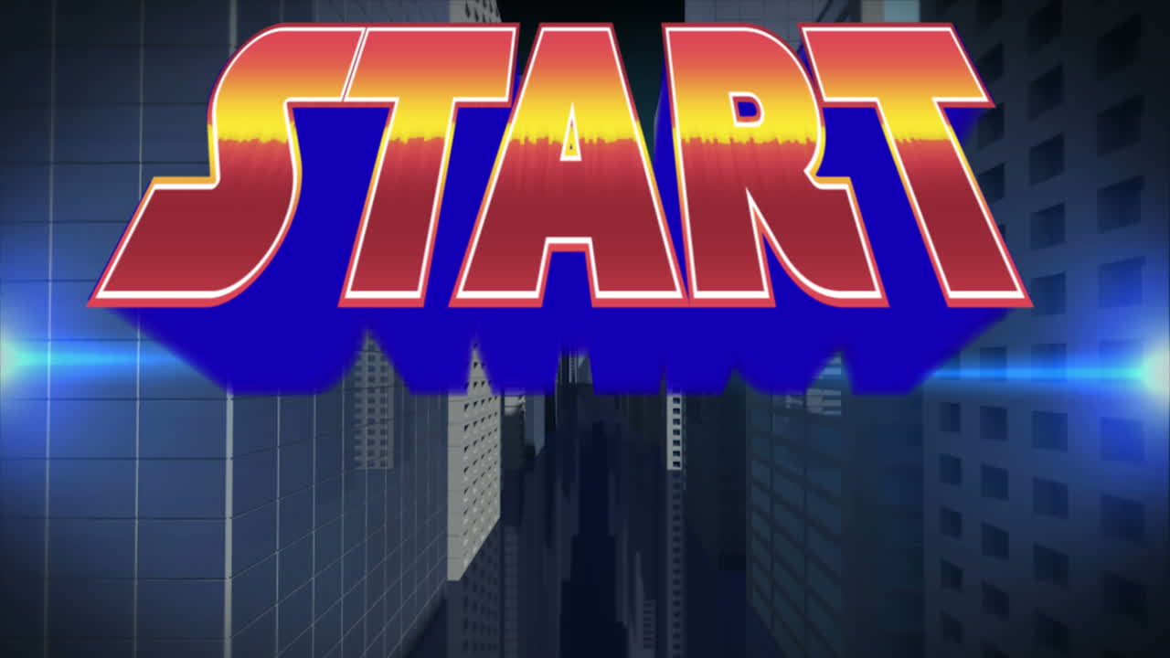 animación de inicio de texto naranja, retroiluminado, sobre el paisaje urbano moderno