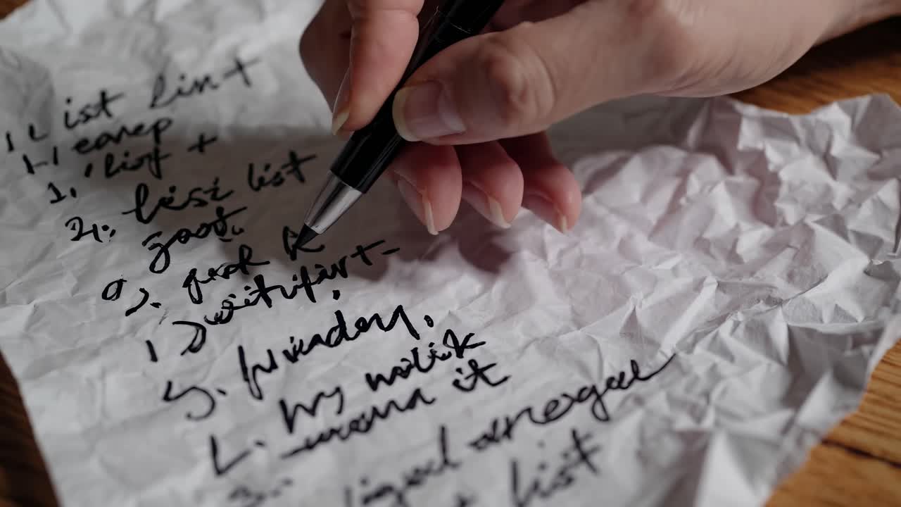 Close-up of a crumpled handwritten list on a wooden table, shot from a low angle