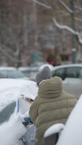 person removing snow from car in winter