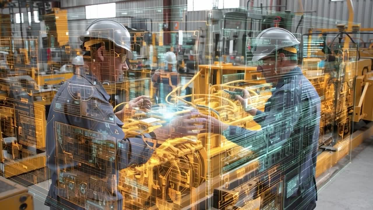Trabajadores colaborando en maquinaria industrial en una fábrica moderna.
