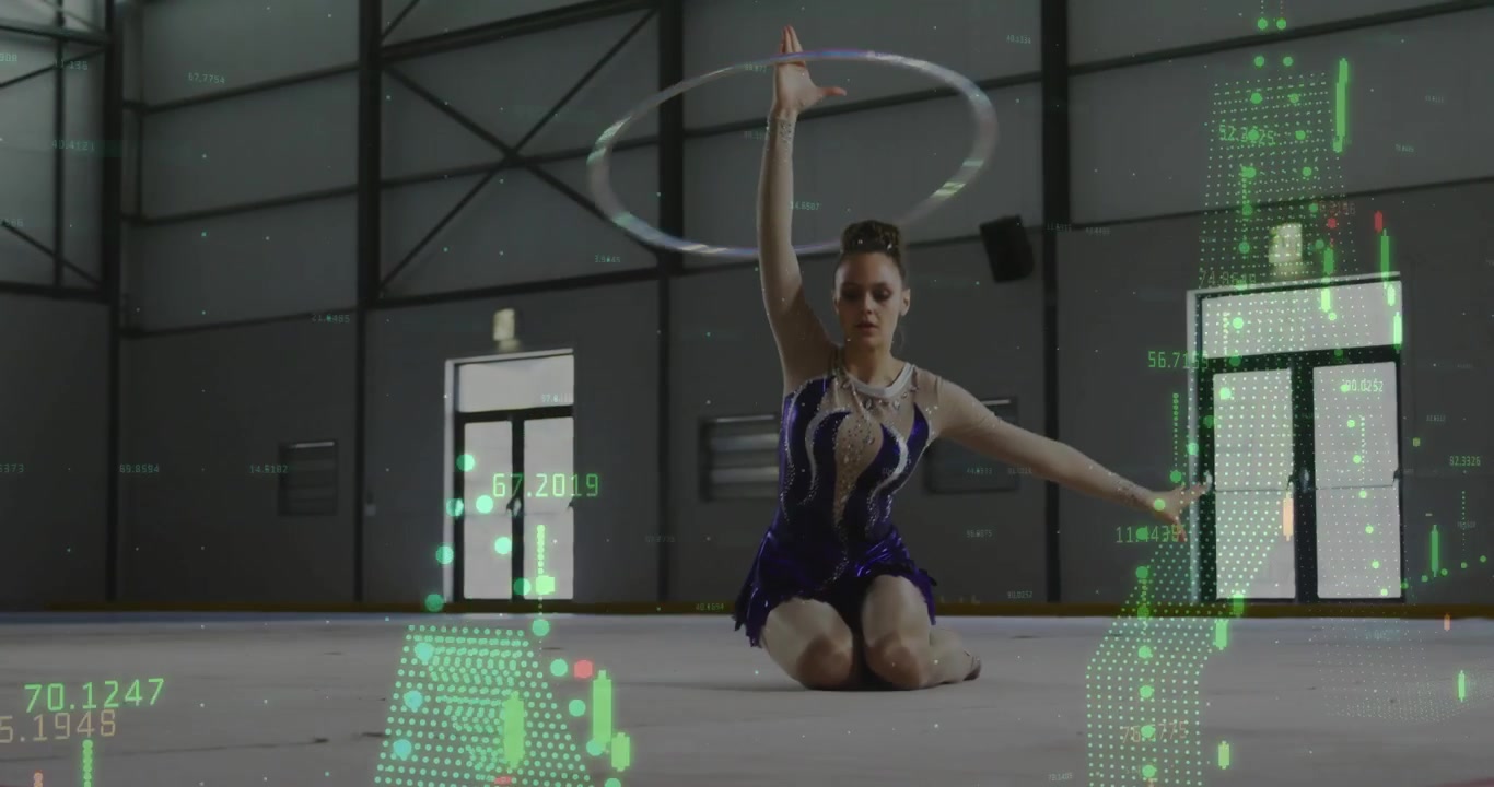 Teen gymnast stepping onto mat launching tech overlays guiding hoop pivoting into kneel in training