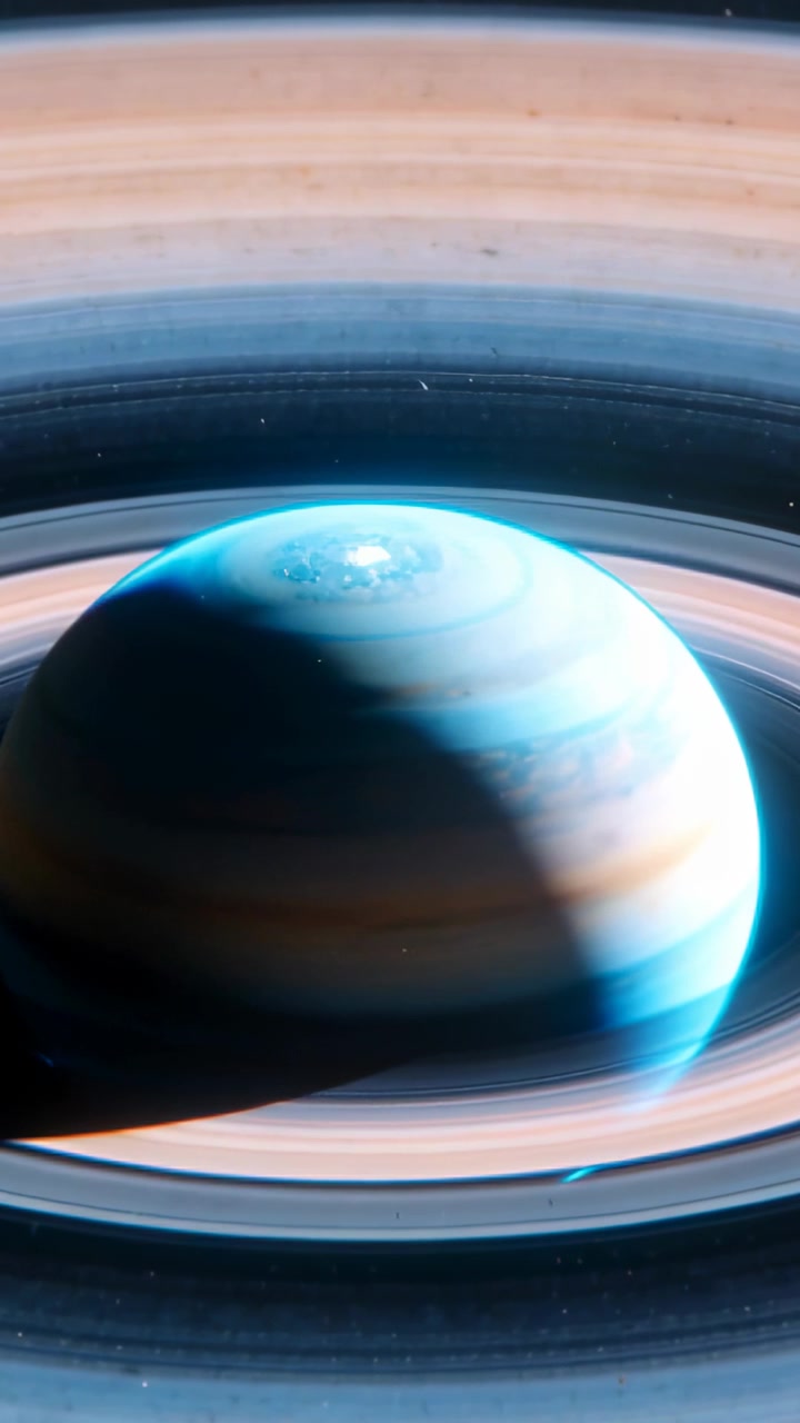Video verticale: Panoramica della telecamera che rivela un pianeta anellato in rotazione nello spazio, con anelli, tempesta e terminatore.