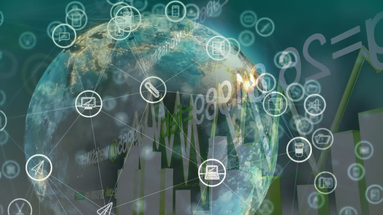 전 세계와 통계에 대한 아이콘과 연결 네트워크의 애니메이션