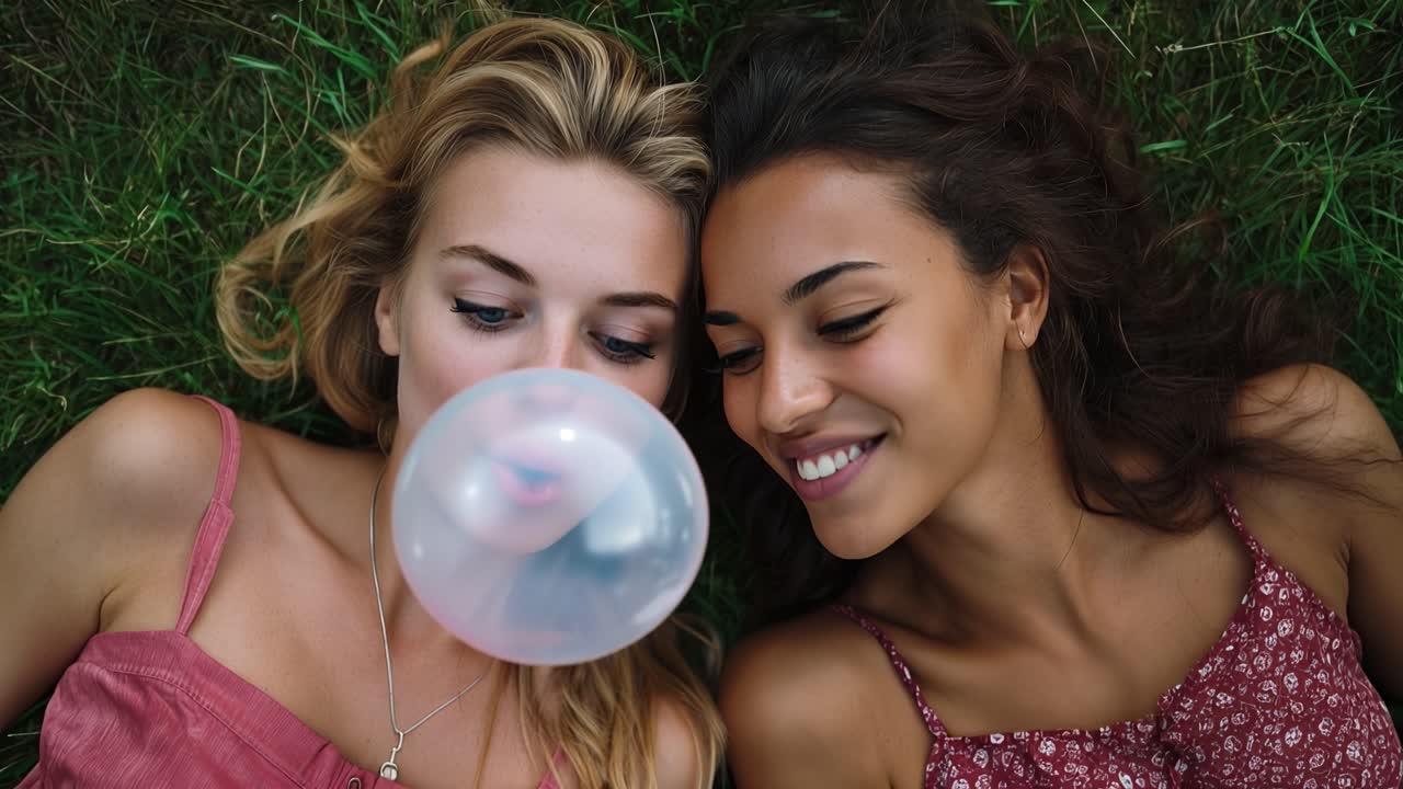 Duas mulheres deitam na grama verde. Uma sopra uma bolha rosa. A outra ri, olhos arregalados de prazer. A luz natural do dia realça suas expressões alegres. Perfeito para o verão, amizade.