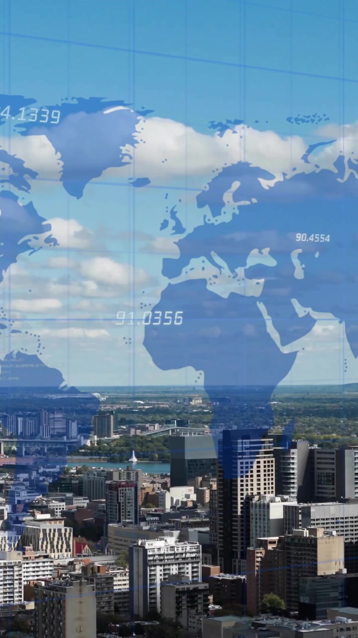 Animación de mapa mundial y procesamiento de datos financieros sobre edificios.