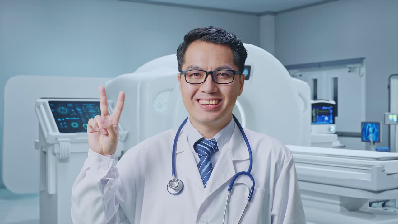 Close Up Of Asian Male Doctor Showing Gesture Peace And Smiling With MRI Machine In The Hospital
