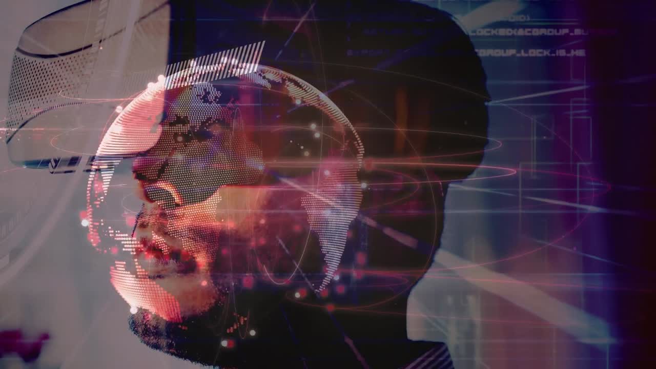 animación de la red de conexiones y el globo sobre el hombre de negocios que usa auriculares vr