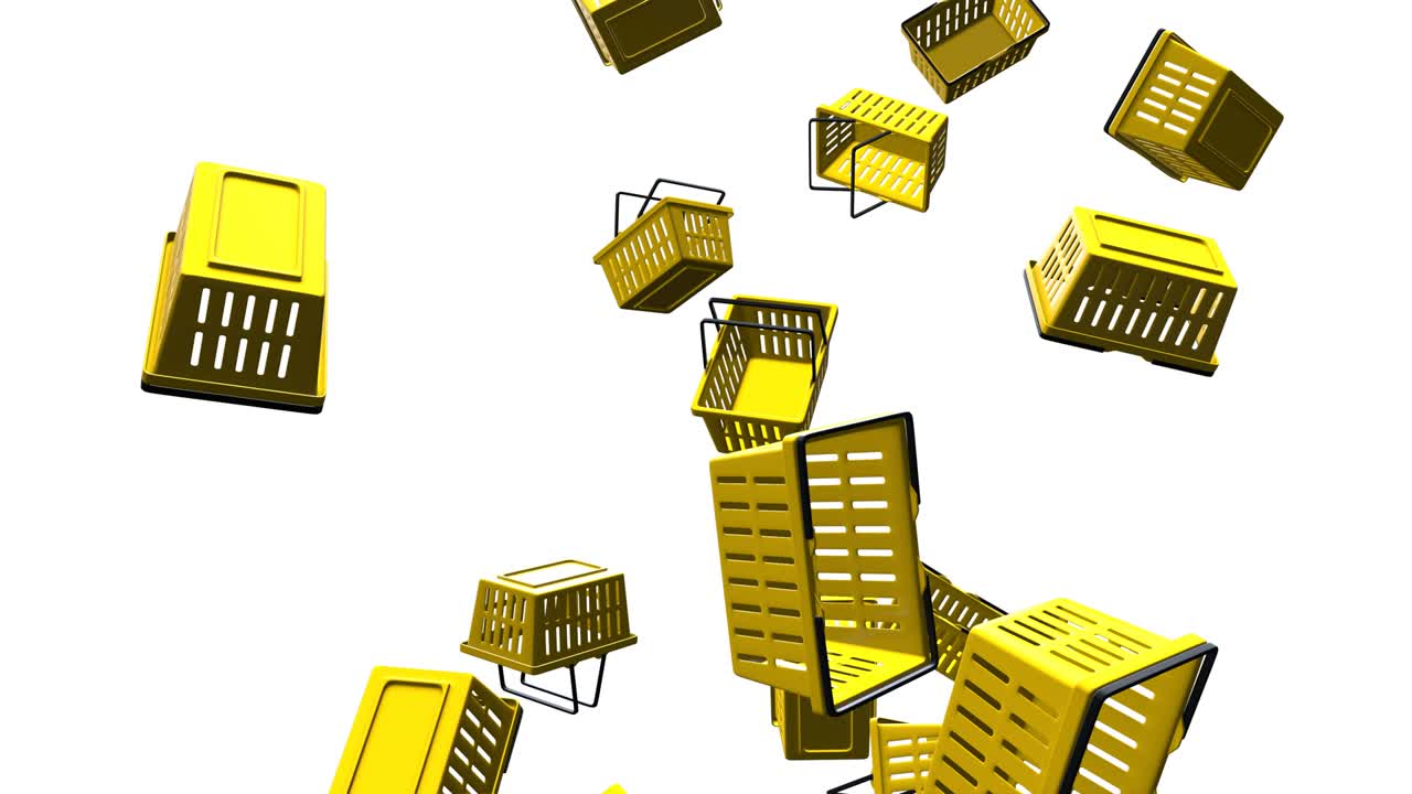 Yellow plastic shopping baskets on white background.