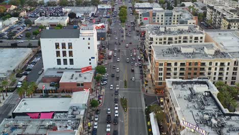 this is an aerial shot level push tilt up to downtown los angeles