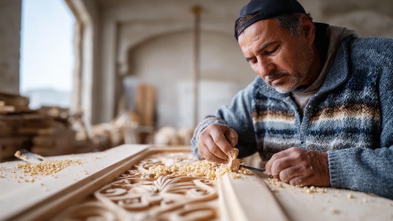 Abile artigiano che perfeziona intricate tecniche di lavorazione del legno in un laboratorio rustico, concentrandosi con attenzione sulle sculture decorative e sui dettagli della lavorazione del legno