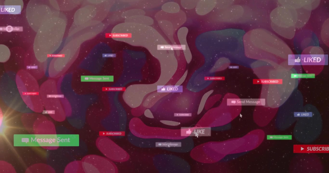 Abstract digital scene featuring swirling red purple blobs, floating notification icons, lens flare