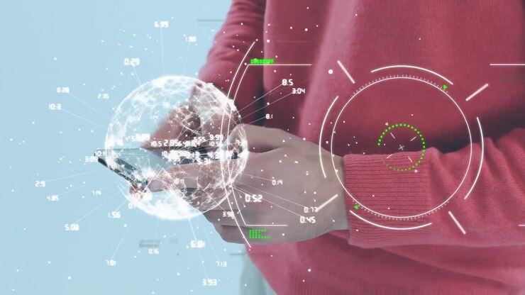 Animation of interference with globe and scope scanning over caucasian man using smartphone