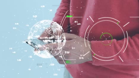 Animation-of-interference-with-globe-and-scope-scanning-over-caucasian-man-using-smartphone