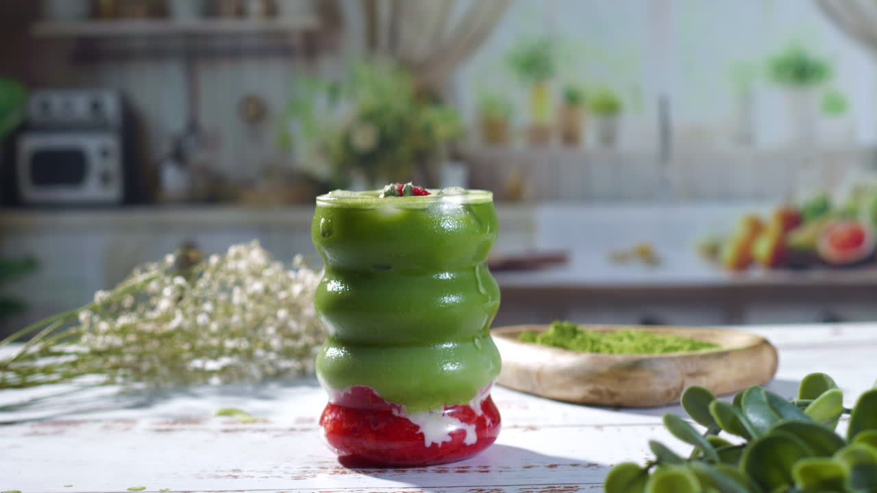 A softly manicured hand with silver rings gently lifts a vibrant strawberry matcha latte from a rustic table, emphasizing a fresh, organic lifestyle and calm, healthy living.