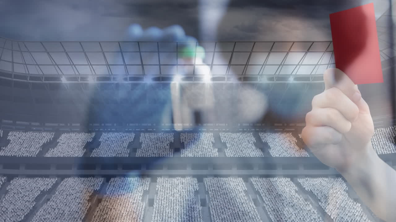 축구 경기에서 빨간 카드를 들고 있는 심판과 코로나 백신을 들고 있는 마스크를 쓴 의사의 애니메이션