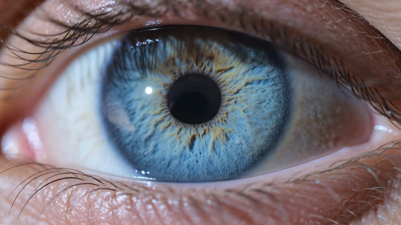 Detailed macro view of a blue human eye with sharp iris pattern, eyelashes and natural skin texture in cinematic lighting