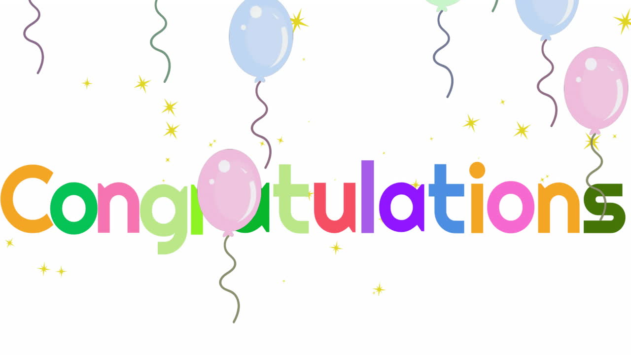 animación de felicitaciones texto sobre estrellas y globos sobre fondo blanco