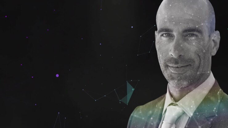 Network of connections over businessman against black background