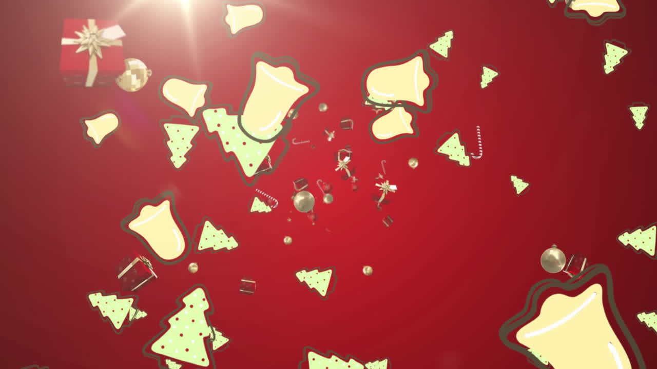 múltiples iconos de concepto de navidad cayendo contra el punto de luz sobre un fondo rojo