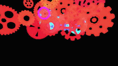 a bright and colorful 4k motion graphic animation of different mechanical gears and cog shapes flying towards the camera, on a black background