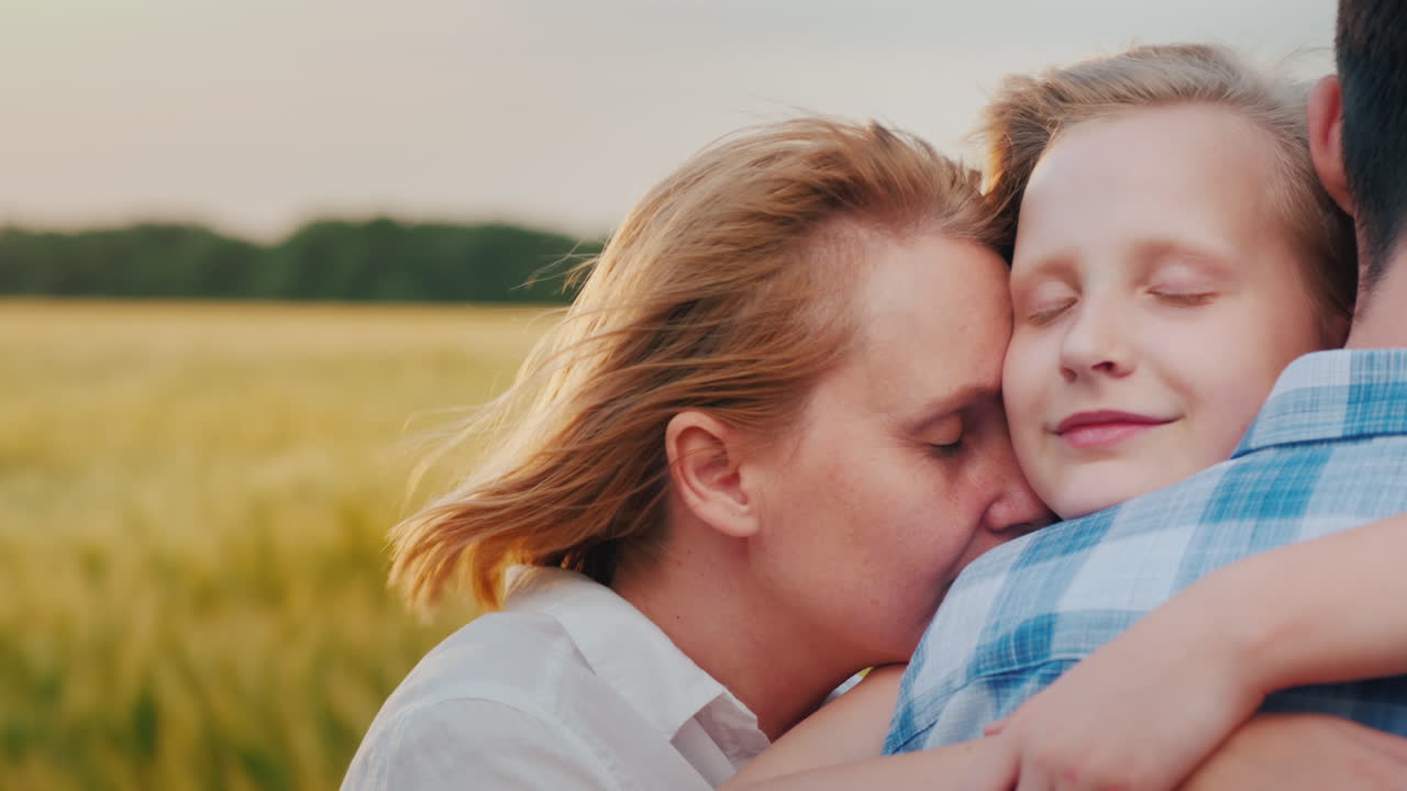 семья обнимает своего отца на фоне пшеницы, которую колышет ветер