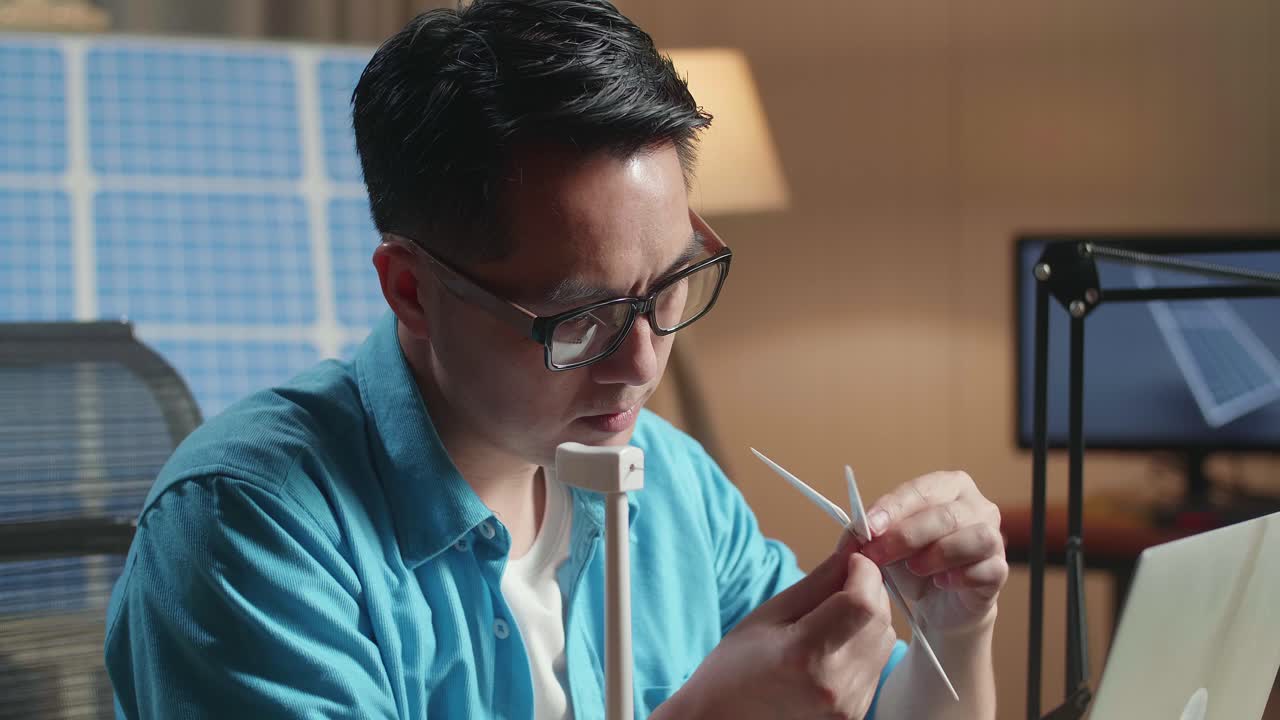 un hombre asiático se sienta frente a una célula solar para montar la turbina eólica mientras trabaja con una computadora portátil en la oficina.