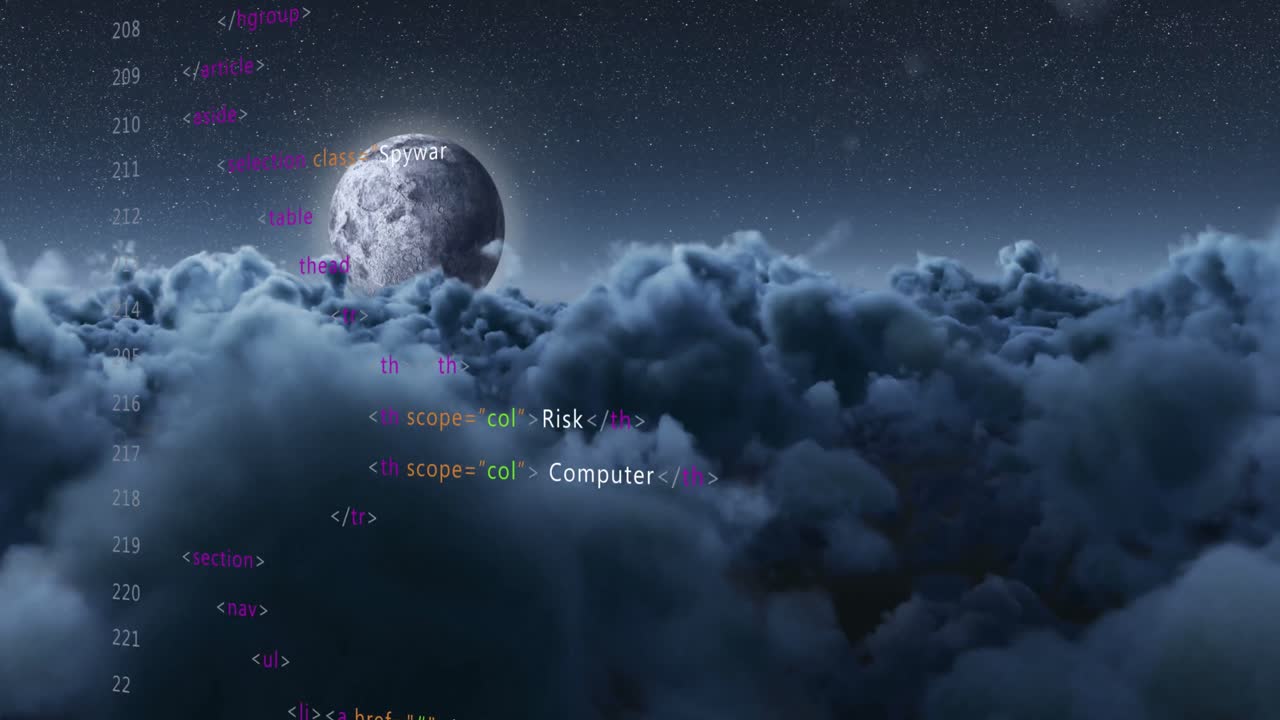 Animation of numbers data processing over clouds
