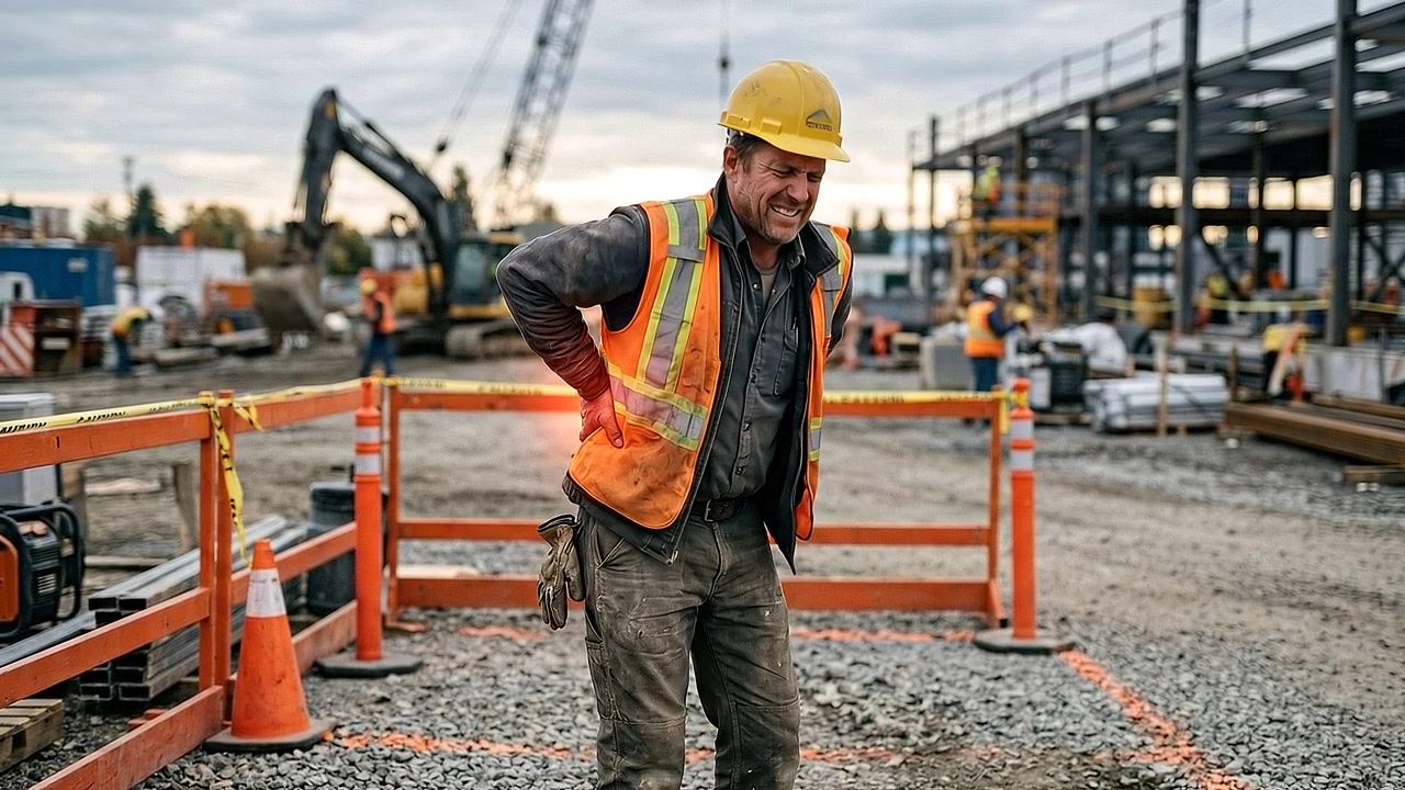 Construction worker clutching lower back near orange safety barriers outdoors