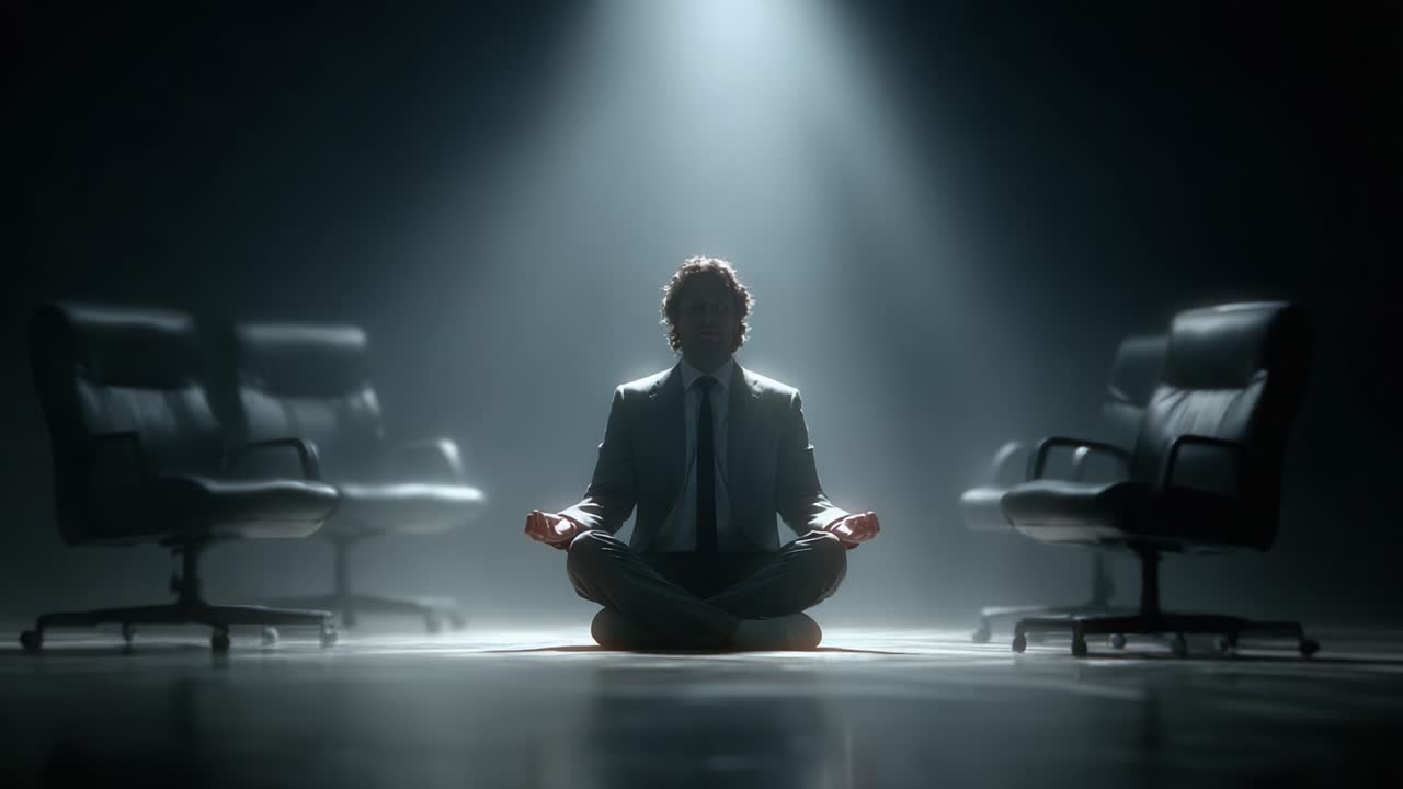 A Moment of Stillness: A Businessman Meditates in Shadows, Surrounded by Empty Chairs, in a Dramatic Light Setting Reflecting Inner Peace and Focus