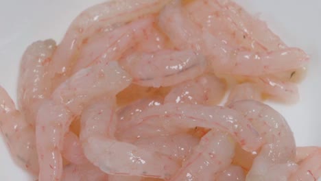 tilt down of uncooked pink shrimp on white background, closeup