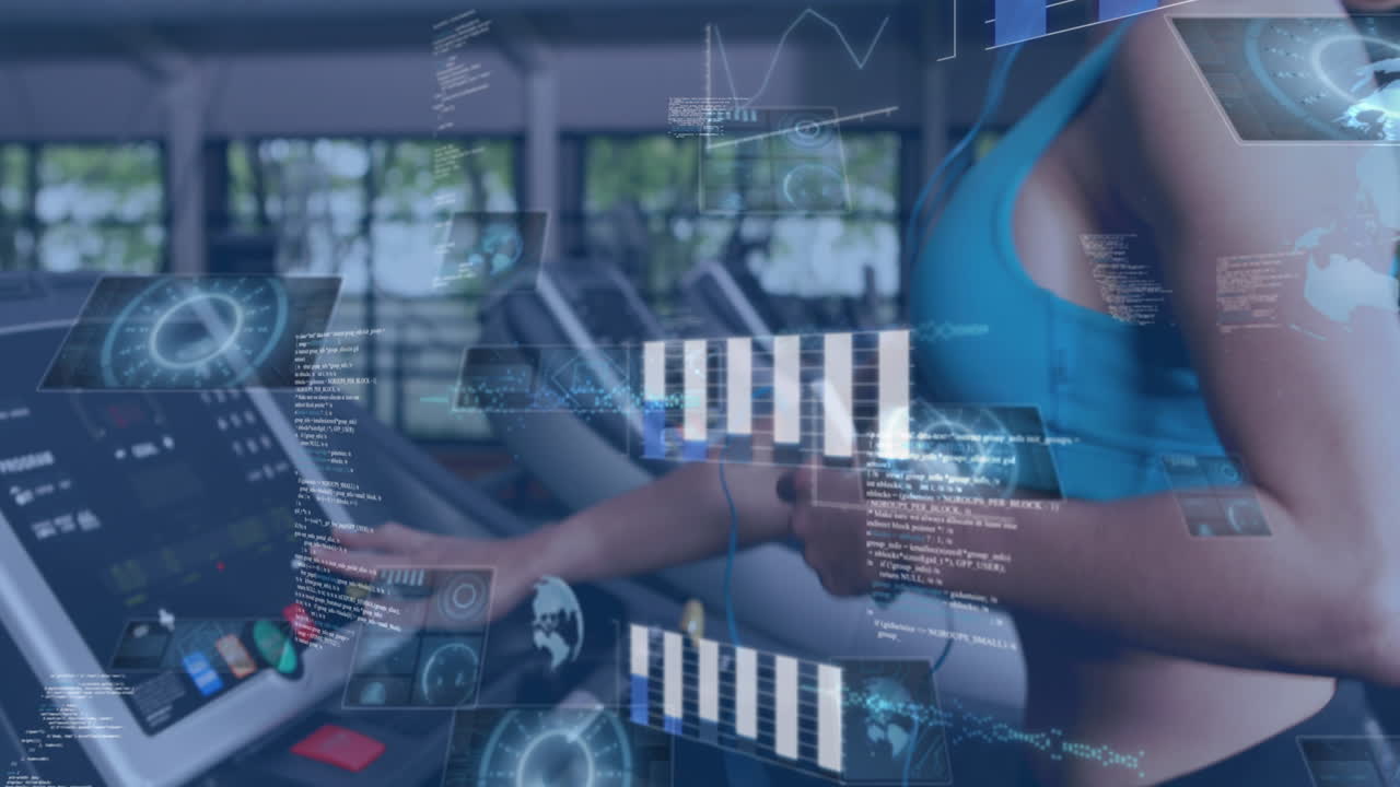 트레드밀에서 달리는 여성, 체육관에서 운동하는 여성에 대한 데이터 처리 애니메이션