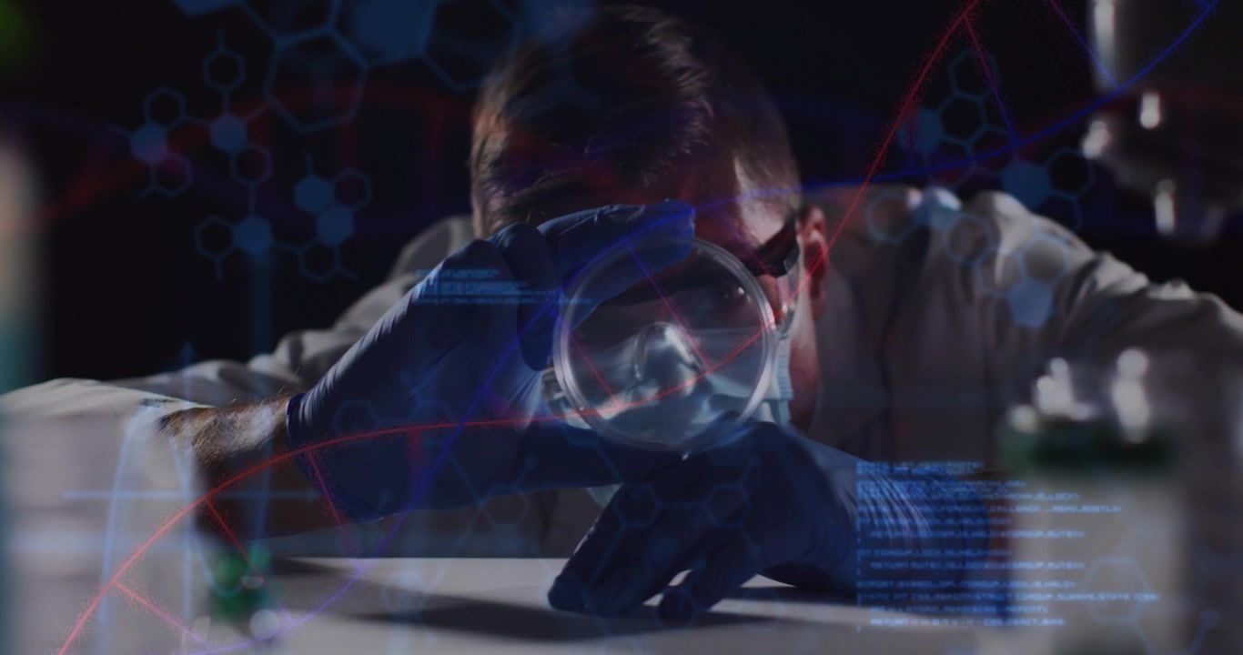 Lab researcher lifting vessel to eye level inspecting as AR hexagons DNA code growing for analysis