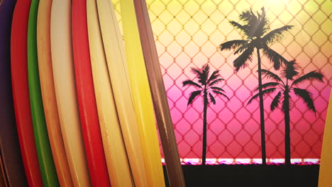 closeup surfing boards and tropical leaves with summer background 4